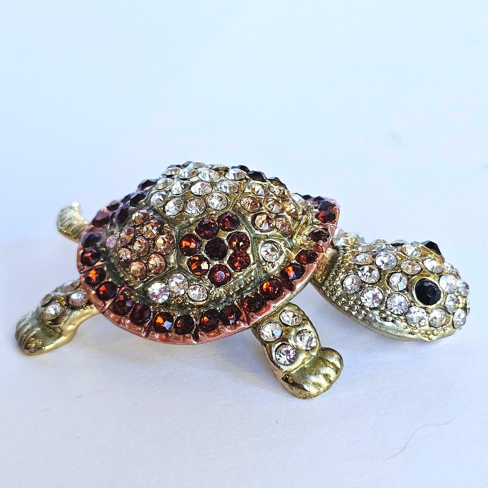 Vintage Gold Tone Rhinestone Turtle Brown Amber Crystal Honu Amakua  Animal Pin‎